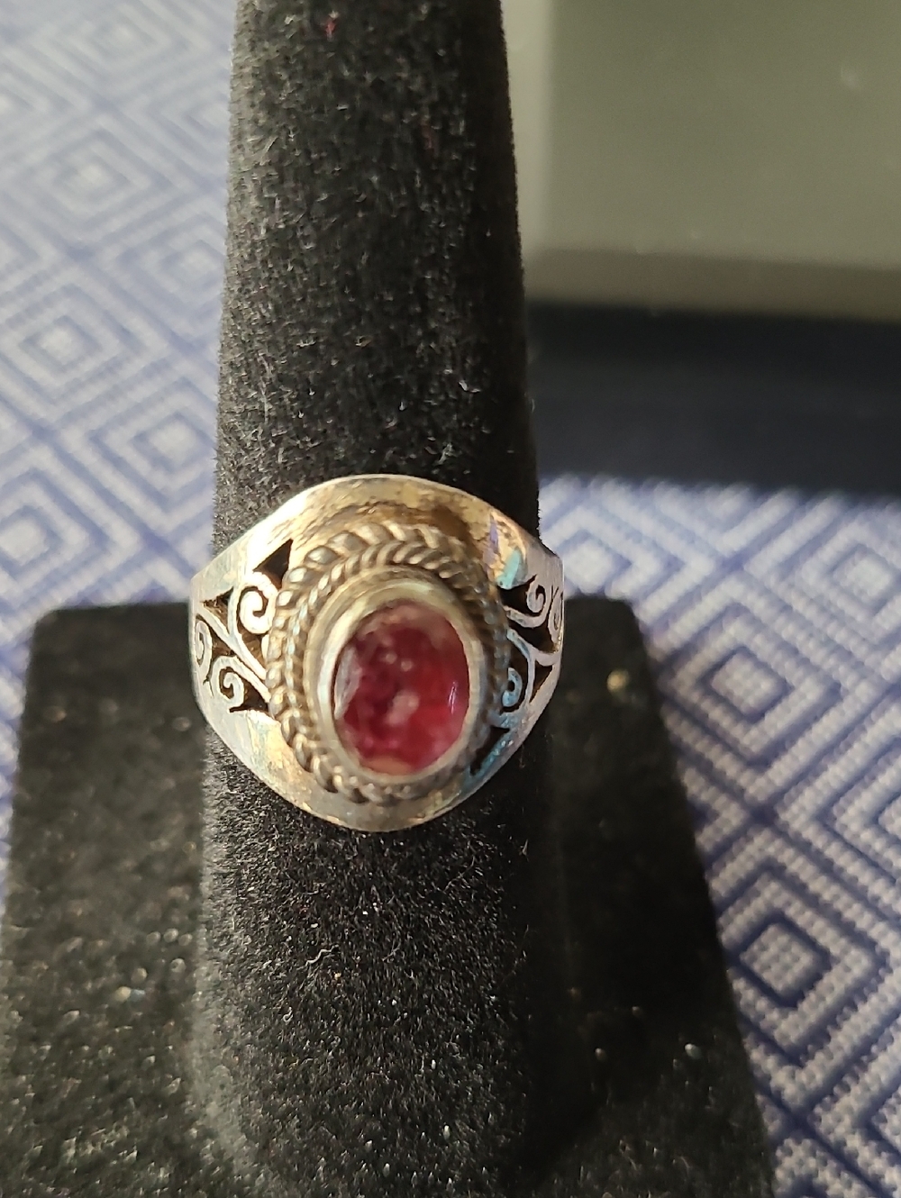 Sterling Silver Women's Red Gemstone Scroll Ring